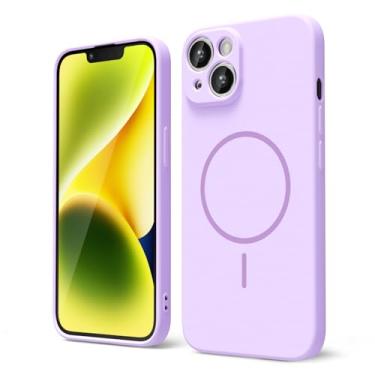 Imagem de oakxco Capa de silicone para iPhone 13 iPhone 14, capa magnética fina e fina compatível com Magsafe, mulheres meninas fofas femininas estéticas macias gel segurança com capa para câmera, lilás