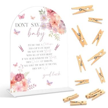 Imagem de Baby Shower Games - Baby in Bloom Don't Say Baby Clothespin Game, 1 placa e 50 mini prendedores de roupa, jogo de revelação de gênero, suprimentos de decoração floral para chá de bebê (ARI04)