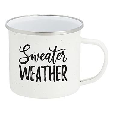 Imagem de HOME & HOOPLA Caneca de café esmaltada outono acampamento suéter clima copo de lata 425 g (branco)