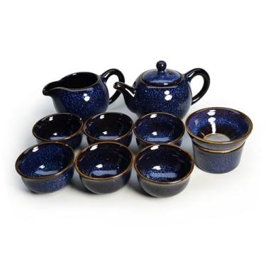Imagem de Conjunto de chá de cerâmica Kiln Glaze caixa de presente (9 peças), bule de chá de 293 ml, copo Fairness, coador e 6 xícaras de chá, esmalte transformado em forno em azul oceano, coleção de chá