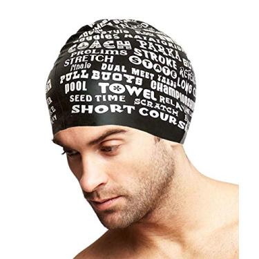 Imagem de Touca de natação para cabelos compridos, crianças, jovens, mulheres, com cabelo curto ou médio, design de palavras de silicone para cabelo preto