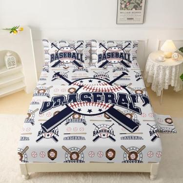 Imagem de QOOMO Jogo de lençol solteiro infantil de beisebol, 40,6 cm, com bolso profundo, bolas estampadas para decoração de quarto, macio e respirável para meninos/meninas/crianças/adolescentes