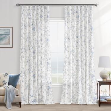 Imagem de Cortinas florais azuis de 272 cm de comprimento plissadas para sala de estar, filtragem de luz, estampa de esboço azul, painel de cortina de linho branco creme, 262 cm, estética, fazenda, vintage