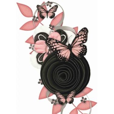Imagem de Papel autoadesivo de decoupage de arroz 28,5 cm x 39,5 cm – borboletas rosa e pretas com flores estilizadas, folhas nervuradas e detalhes de fita em fundo branco para artesanato faça você mesmo