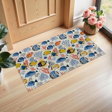 Imagem de Ti Caldi Tapete de porta para ambientes internos com peixes tropicais e corais, 75 × 43 cm, tecido não tecido, colorido, para entrada, cozinha, quarto, tapete antiderrapante para decoração de casa