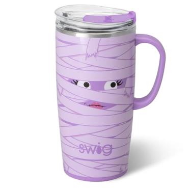 Imagem de Swig Life Caneca de viagem de 623 g, copo isolado com alça e tampa, caneca de café de viagem, compatível com porta-copos, copo de aço inoxidável de 623 g, reutilizável isolado com tampa (Boo Crew