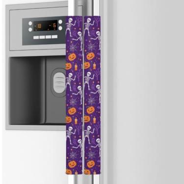 Imagem de Conjunto de 2 capas de maçanetas de geladeira roxas esqueleto de Halloween - Luvas de substituição para eletrodomésticos de cozinha, mantenha longe de impressões digitais, manchas de alimentos para