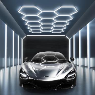 Imagem de MODERN Luz de garagem LED hexagonal 14 6500K, 61560 lúmens, design de favo de mel, sistema de grade 14, luz octogonal para oficina, academia, armazém e lavagem de carro (branco, pacote com 57)