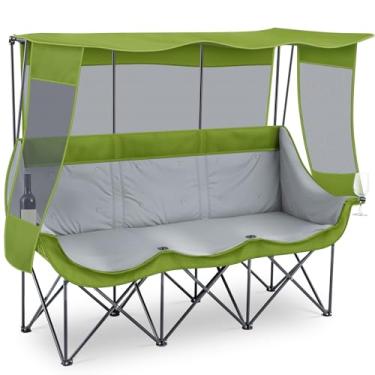 Imagem de Teenyyou Cadeira de acampamento grande para 2 a 3 pessoas confortável sofá de acampamento com almofada grossa suporte de copo sofá portátil dobrável para atividades ao ar livre no gramado futebol