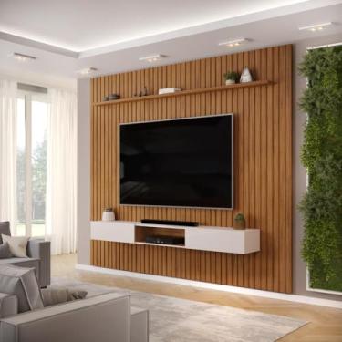 Imagem de Painel com Bancada para Tv até 75 Polegadas Ripado Dj Móveis Trento 275 Freijó Off White