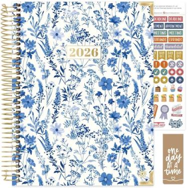 Imagem de bloom daily planners Agenda HARDCOVER 2026 (janeiro a dezembro) - 21,6 cm x 28 cm Livro organizador de agenda semanal e mensal com adesivos e abas - floral azul e branco