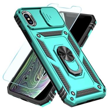 Imagem de SunStory Capa compatível com iPhone Xs Max com protetor de tela HD e capa de câmera deslizante e suporte de anel girado, [nível militar] Capa para celular iPhone Xs Max (azul-petróleo)