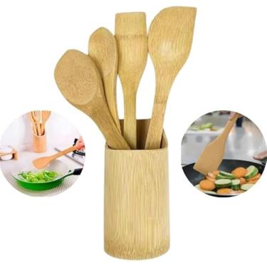 Imagem de Kit de Utensílios de Cozinha com 5 Peças em Bambú e Suporte Natural Ecológico Resistente ao Calor Design Sofisticado, Colher, Espátula, Receita, Colher de Pau