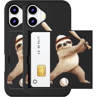 Imagem de MUQR Capa compatível com telefone 17 com porta-cartão fofo - design kawaii, proteção contra quedas de nível militar, capa carteira robusta para mulheres (Black Sloth Baseball)