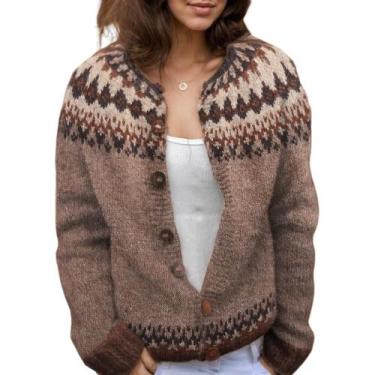 Imagem de Suéter de cardigã Akivide feminino com estampa floral, tricotado, outo