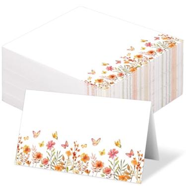 Imagem de Whaline 100 cartões de lugar de outono, 5 x 8,5 cm, cartões de nome de barraca de borboleta de flores silvestres em branco, cartões de atribuição de assento para outono, aniversário, festa de