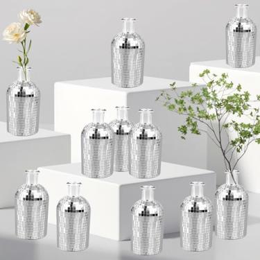 Imagem de CONEHOY Mini vaso de bola de discoteca, 12,7 cm, espelho prateado, pequeno vaso de vidro, bola de discoteca, vaso para casa, quarto, cozinha, escritório, interior, exterior, casamento, aniversário