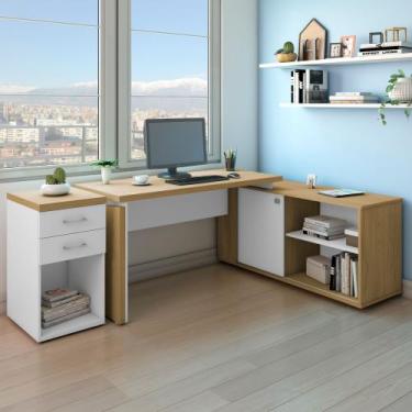 Imagem de Conjunto Escrivaninha em L com Prateleira e Porta e Gaveteiro com 2 Ga