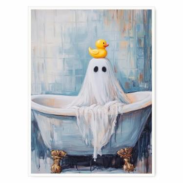 Imagem de Arte de parede de fantasma engraçado na banheira – impressão peculiar de banheiro de Halloween com pato de borracha, pôster de tela bonito assustador para decoração de parede de banheiro ou vaso