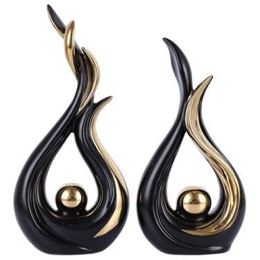 Imagem de 2 peças de esculturas de cerâmica abstratas pretas e douradas – detalhes de decoração de casa moderna e centros de mesa para mesa de centro, prateleira, sala de jantar, cozinha, suporte de TV, entrada