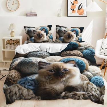 Imagem de AILONEN Conjunto de capa de edredom de gato 3D, estampa de gatinho fofo, para meninos, meninas, crianças, kawaii, animal de estimação, estampa animal, decoração de quarto, 3 peças, 1 capa de edredom +