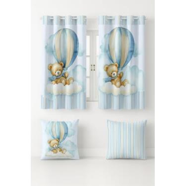 Imagem de Cortina Infantil com 2 Capas de Almofada, 2,00x1,50m, Poliéster Estampado, Decorativa, Quarto (URSO BALAO AZUL)