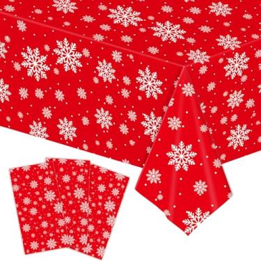 Imagem de Toalha de mesa de plástico com floco de neve de 3 peças de 137 x 272 cm – Capa de mesa retangular descartável com tema natalino para jantares de férias, festas de inverno e decorações internas e