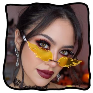 Imagem de Woeoe Óculos de sol sem aro com design chama, lentes coloridas amarelas, armação de metal, declaração de moda