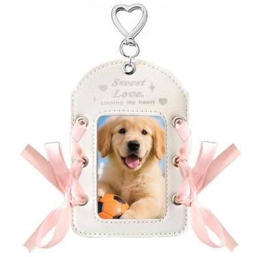 Imagem de Chaveiro com fita de coração branco faça você mesmo, porta-crachás verticais de couro com porta-cartões de foto de 7,6 cm, porta-cartões de foto fofos para mulheres, porta-cartões de amor, protetor de