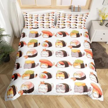Imagem de Erosebridal Jogo de cama Queen com capa de edredom de sushi, fofo, gato sushi, presentes kawaii, para meninas, adolescentes, mulheres, comida japonesa, estilo anime, capa de edredom com 2 fronhas,
