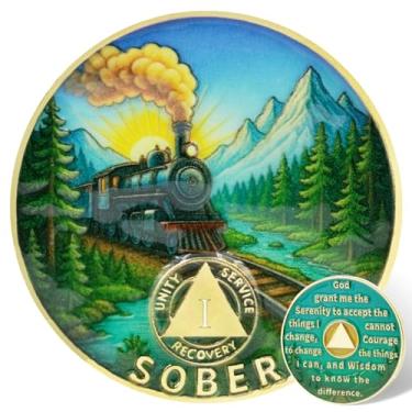 Imagem de Leafence Moeda AA Sobriety Alcoólicos Anônimos Chip de Recuperação com Oração Serenidade, Design de Trem e Montanha Medalhão de Token AA para Presente de Sobriedade do Programa de 12 Passos (Moeda de