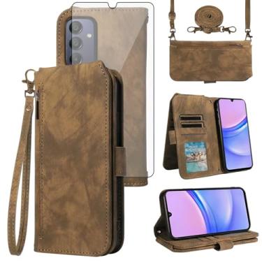 Imagem de Asuwish Capa de celular para Samsung Galaxy A15 5G/4G carteira com protetor de tela de vidro temperado alça transversal alça flip zíper suporte para cartão de crédito suporte TPU A 15 G5 15A feminino