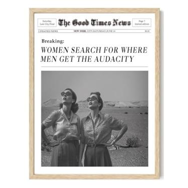 Imagem de Bwodke OAK Wood Framed Wall Art Trendy Newspaper Canvas Wall Art Retro Aesthetic Headline Pictures Decor Women Search for Where Men Get the Audacity Vintage Prints for Dorm Room Bedroom Bathroom 40.6