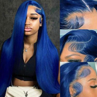 Imagem de Peruca frontal de renda PANDA ANGEL Blue Straight Human Hair 66cm