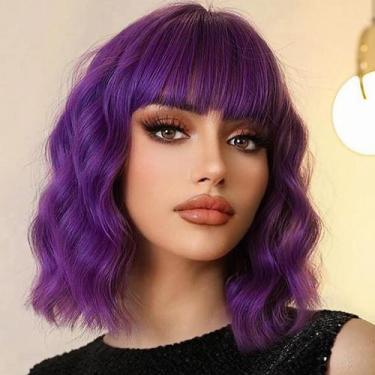 Imagem de Peruca Andromeda Purple Wavy Bob com franja de 14" para mulheres