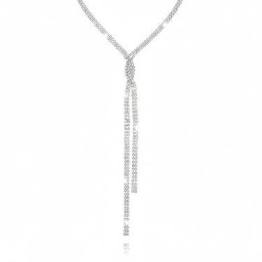 Imagem de Colar Gravatinha Gargantilha Zircônia Prata Festa Longo Strass Brilho-Colar Gravata Riviera Brilhante Delicado Luxo Feminino- Casamento Presente Feminino Noiva Brilho Fecho Trançado Pontas Soltas Y