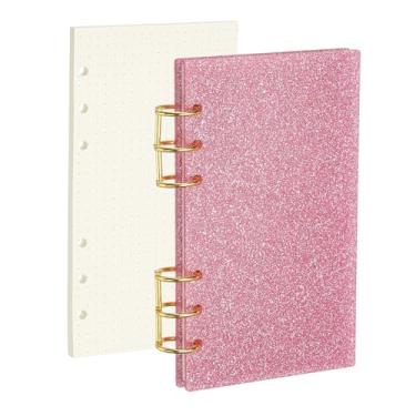 Imagem de PATIKIL Capa para caderno com 6 anéis, fichário acrílico com glitter A6, 2 anéis redondos de metal dourado com 90 folhas, papéis internos de pontos para planejador de viagens, escritório, orçamento