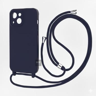 Imagem de Capa Case Capinha Para iPhone 14 Silicone Com Cordão Alça De Pescoço Ajustável Veludo Premium (AZUL MARINHO)