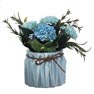 Imagem de DCYEQRQ Conjunto de flores artificiais em vaso de flores artificiais flores falsas vaso de corda de cânhamo de cerâmica flor de seda planta artificial vaso para casa decoração de casamento planta