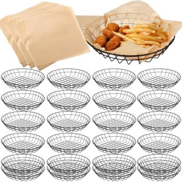 Imagem de 24 cestas de arame para servir alimentos, 24 cestas de arame para pão com 100 folhas, cesta de lanche de metal com papel absorvente de óleo para festa em restaurante