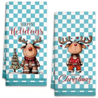 Imagem de Conjunto de 2 toalhas de cozinha de Natal, toalha de prato de rena em aquarela xadrez azul, 40,6 x 61 cm, toalha de mão de banho para casa de fazenda, toalhas de chá de inverno decorativas para festa