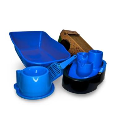 Imagem de Caixa de Areia Para Gatos Bebedouro Fonte Cascata Azul + Arranhador Comedouro Antiformiga Kit Completo