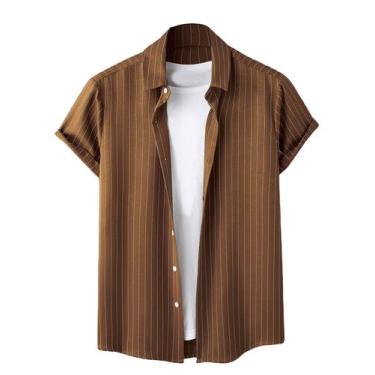 Imagem de Camisa masculina COZYEASE de manga curta com botões e listras marrons 