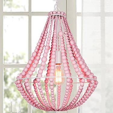 Imagem de ANKARL Luminária Boho, lustre com contas de madeira, luz pendente de fazenda, 1 luz, luz de teto rosa para quarto, sala de estar, sala de jantar, cozinha, corredor, 41,9 cm