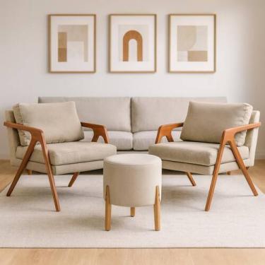 Imagem de Kit Poltrona Mona Luxo Base Madeira Puff Thor Linho Bege Recepçao Sala