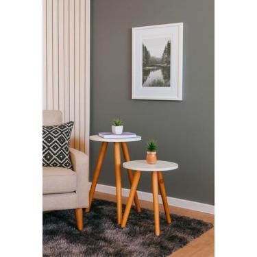 Imagem de Kit 2 Mesas Cora de Canto Redondas Pé Palito MDF Branco Mesa Lateral p