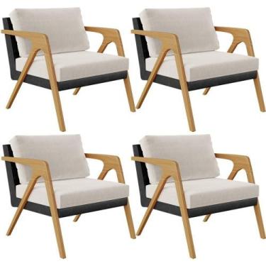 Imagem de Kit 04 Poltronas Pietra L02 material sintético Preto Linho Cru - LYAM 