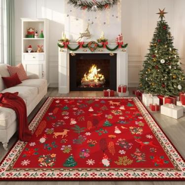 Imagem de Rugcomf Tapetes natalinos de 15 x 23 cm – Tapete vermelho para sala de estar, lavável à máquina, antiderrapante, tapete para quarto, escritório, sala de jantar, fazenda, sala de jogos