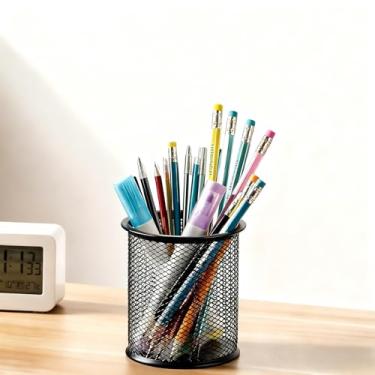 Imagem de Suporte de caneta de metal durável preto leve de grande capacidade, adequado para armazenamento de mesa, armazenamento de canetas de alunos e professores