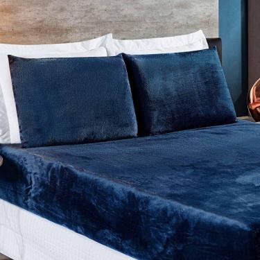 Imagem de Jogo De Cama Lençol Biasoft Casal Queen Manta Flannel Toque Extra Macio 03 Peças - Azul Marinho